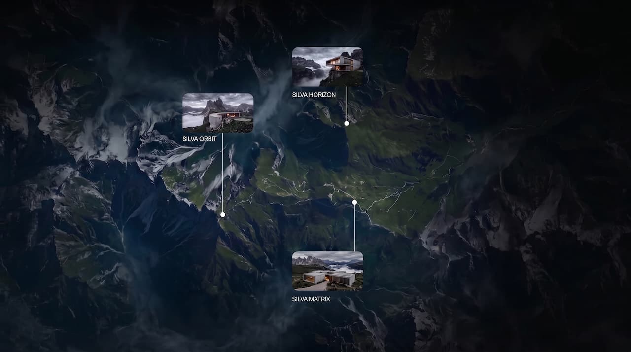 A dark terrain map with labelled markers pinned across it