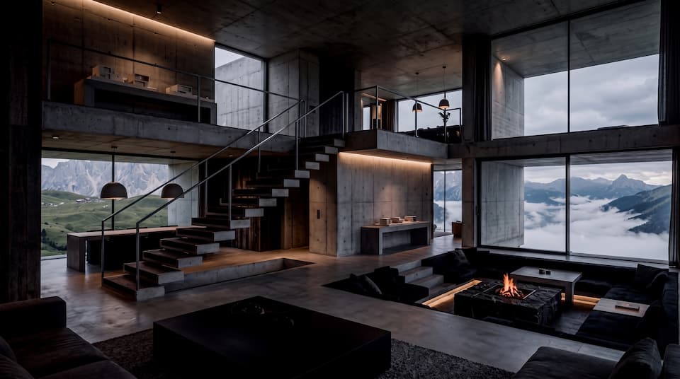 A dark double-height concrete interior with a floating staircase