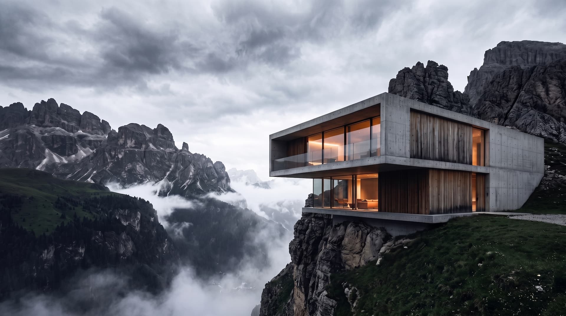 A concrete house cantilevered over a cliff edge above cloud, with mountains behind