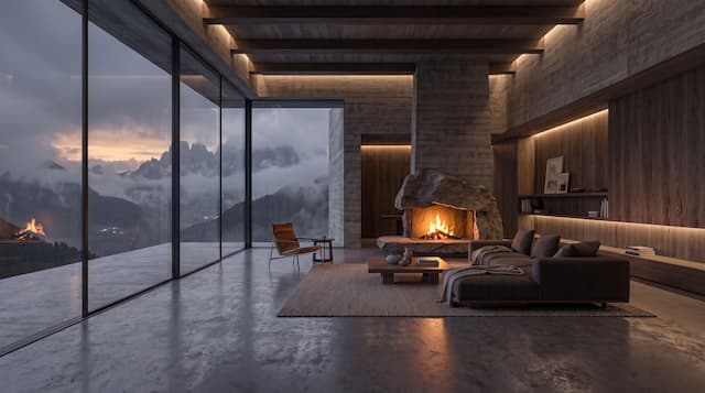 A dusk interior with a lit fireplace and a glass wall