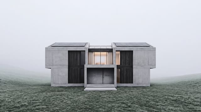 A symmetrical concrete house in heavy fog