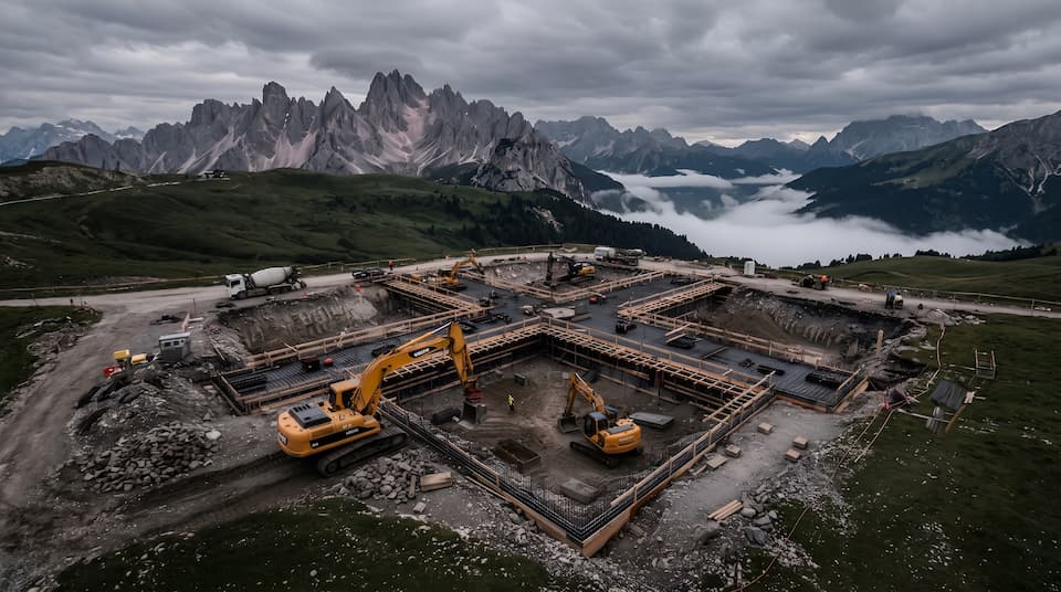 An aerial construction site with objects scattered at many distances