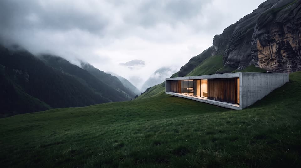 A low concrete house set into a green hillside under cloud