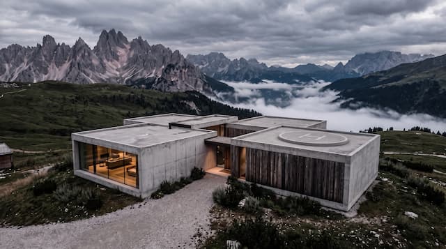 An aerial view of a concrete house on a ridge above cloud