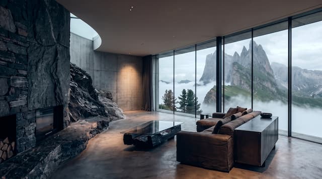 A living room with a rock wall and a glass wall onto mountains