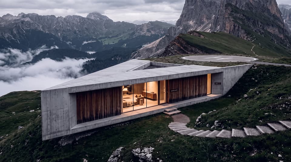 An aerial view of a concrete house on a green ridge above cloud