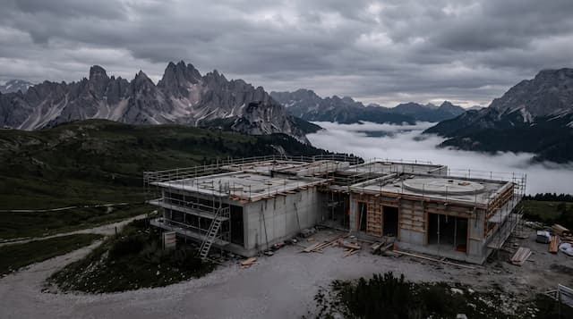 A building under construction, wrapped in scaffolding, below mountains