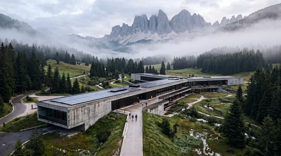 A long low building running through a valley below jagged peaks